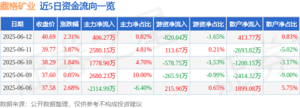 博易股票 股票行情快报：藏格矿业（000408）6月12日主力资金净买入406.27万元